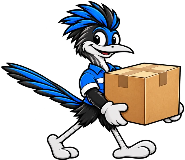 Henderson Junk Solutions roadrunner mascot carrying a moving box for moving box removal in Henderson, NV