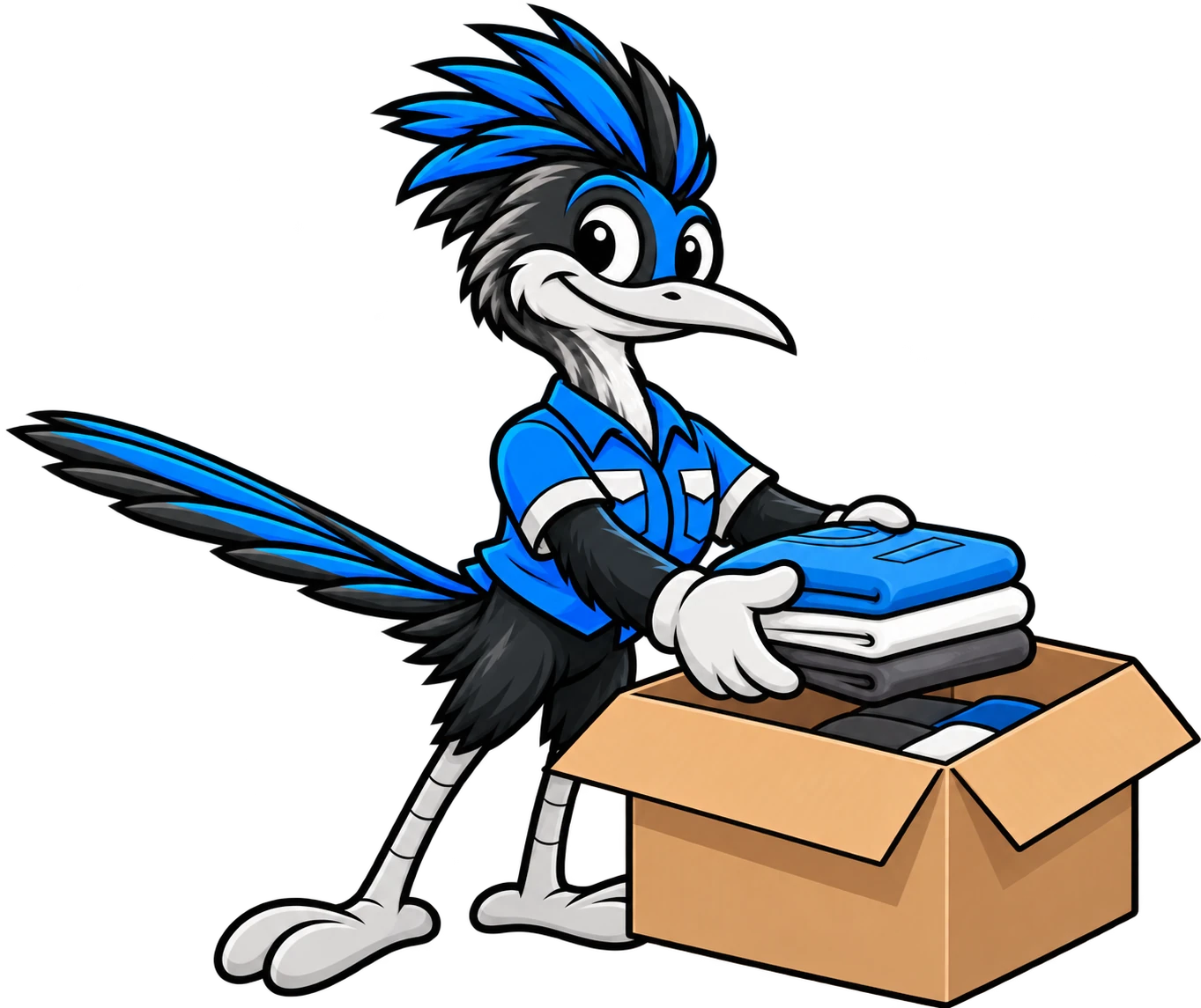 Henderson Junk Solutions roadrunner mascot packing folded clothes into a donation box for junk removal in Anthem Highlands, Henderson, NV