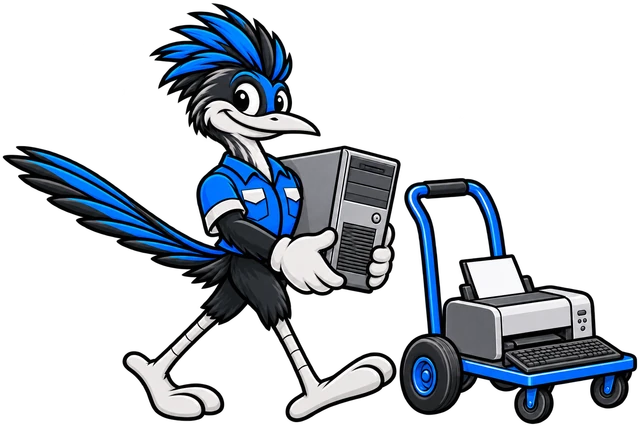 Henderson Junk Solutions roadrunner mascot carrying a computer tower beside a hand truck loaded with a printer for commercial junk removal in Henderson, NV