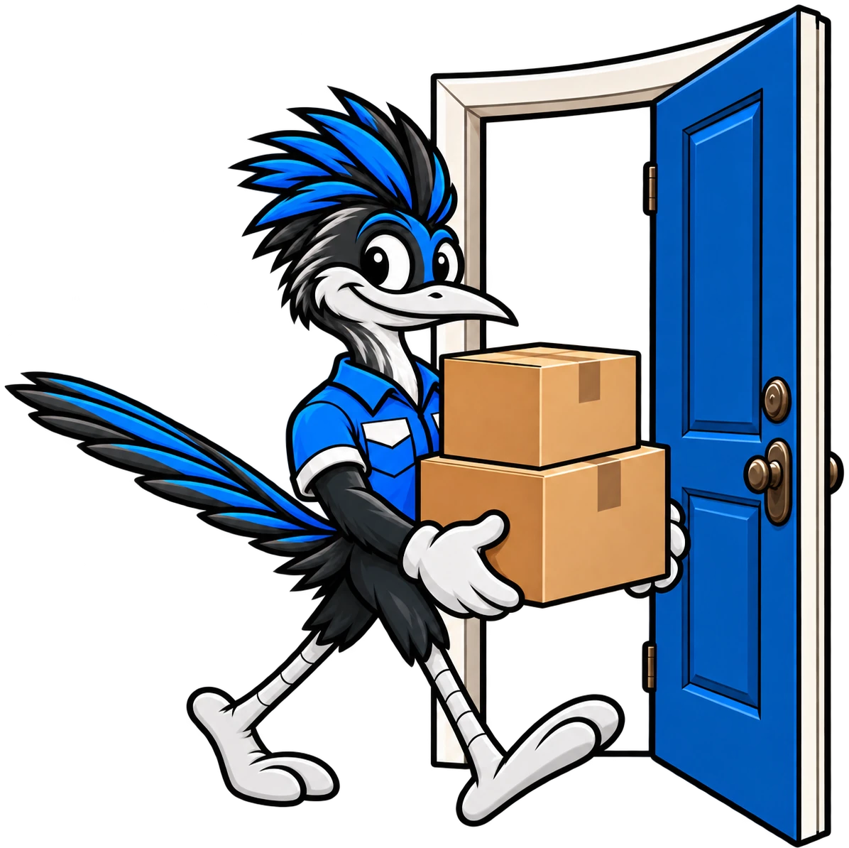 Henderson Junk Solutions roadrunner mascot carrying boxes out through a front door for a foreclosure cleanout in Henderson, NV