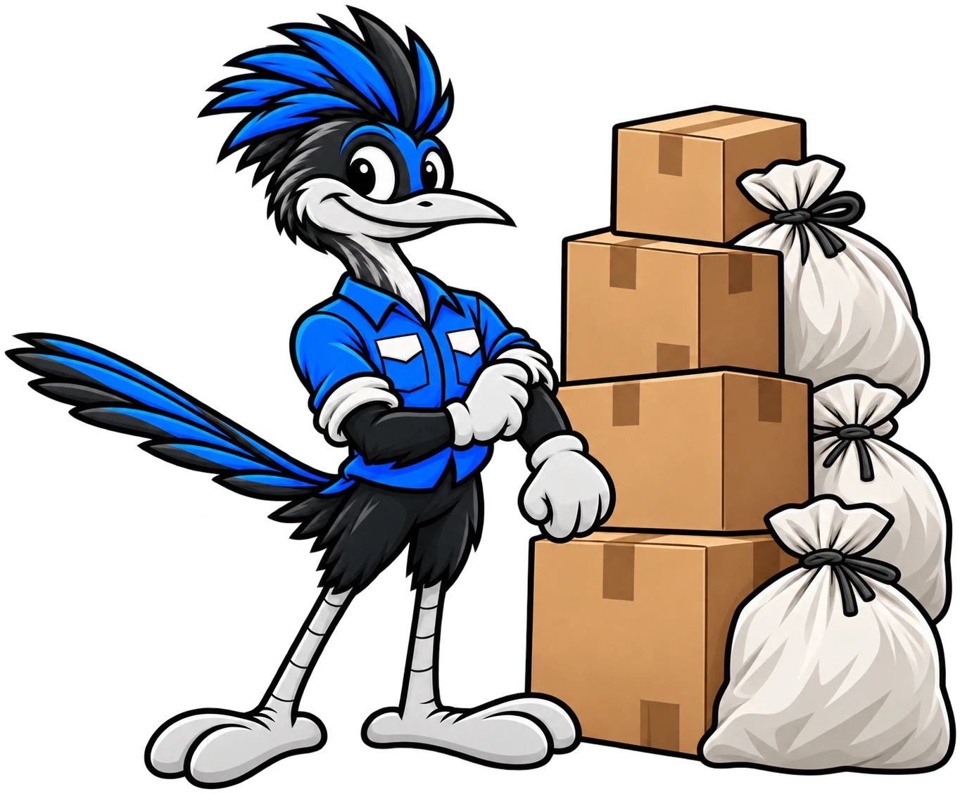 Henderson Junk Solutions roadrunner mascot standing ready beside a tall stack of boxes and bags for a hoarding cleanout in Henderson, NV