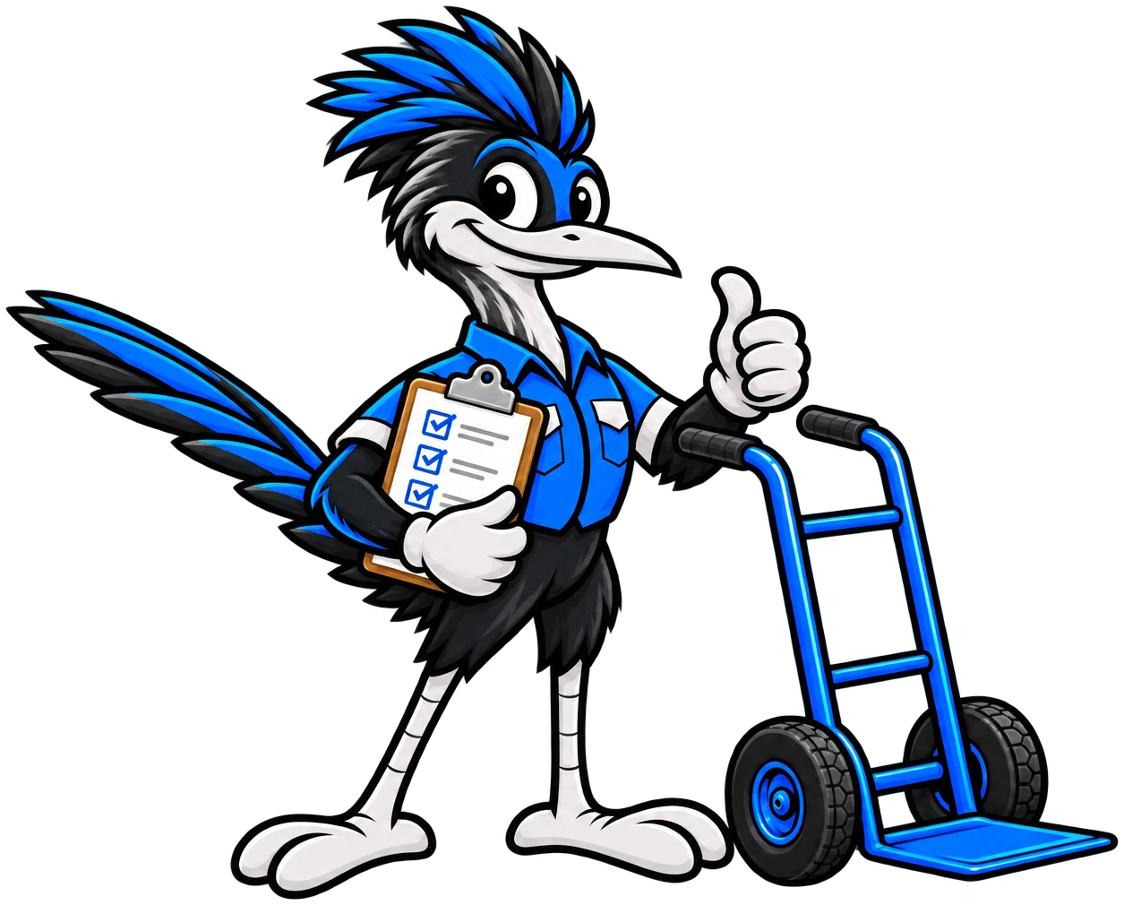 Henderson Junk Solutions roadrunner mascot holding a checklist clipboard beside a hand truck for property management cleanouts in Henderson, NV