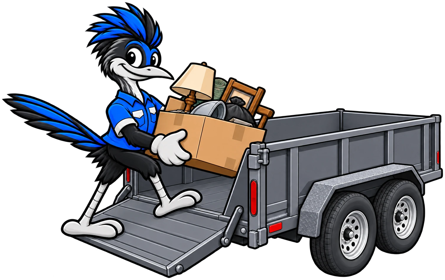 Henderson Junk Solutions roadrunner mascot loading furniture and boxes onto a trailer for junk removal in Las Vegas, NV