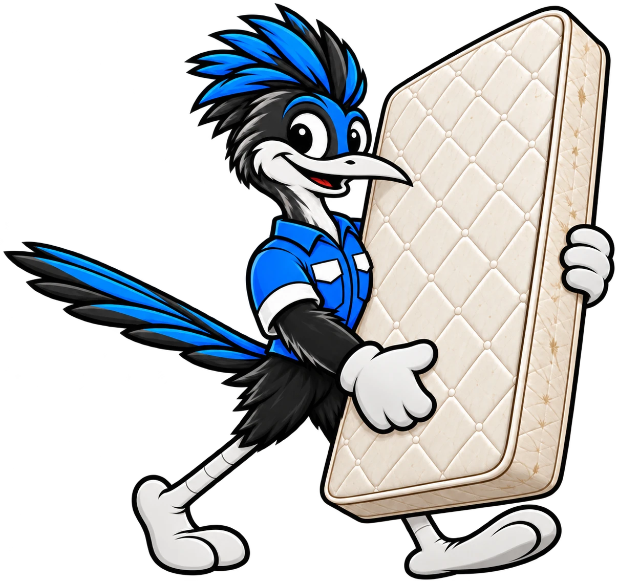 Henderson Junk Solutions roadrunner mascot carrying an old mattress for mattress removal in Henderson, NV