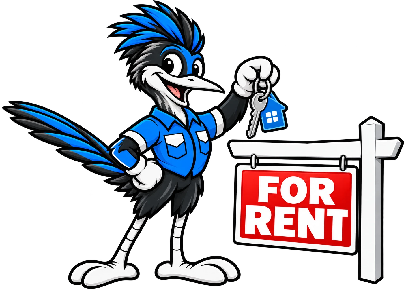 Henderson Junk Solutions roadrunner mascot holding house keys beside a For Rent sign for a rental property cleanout in Henderson, NV