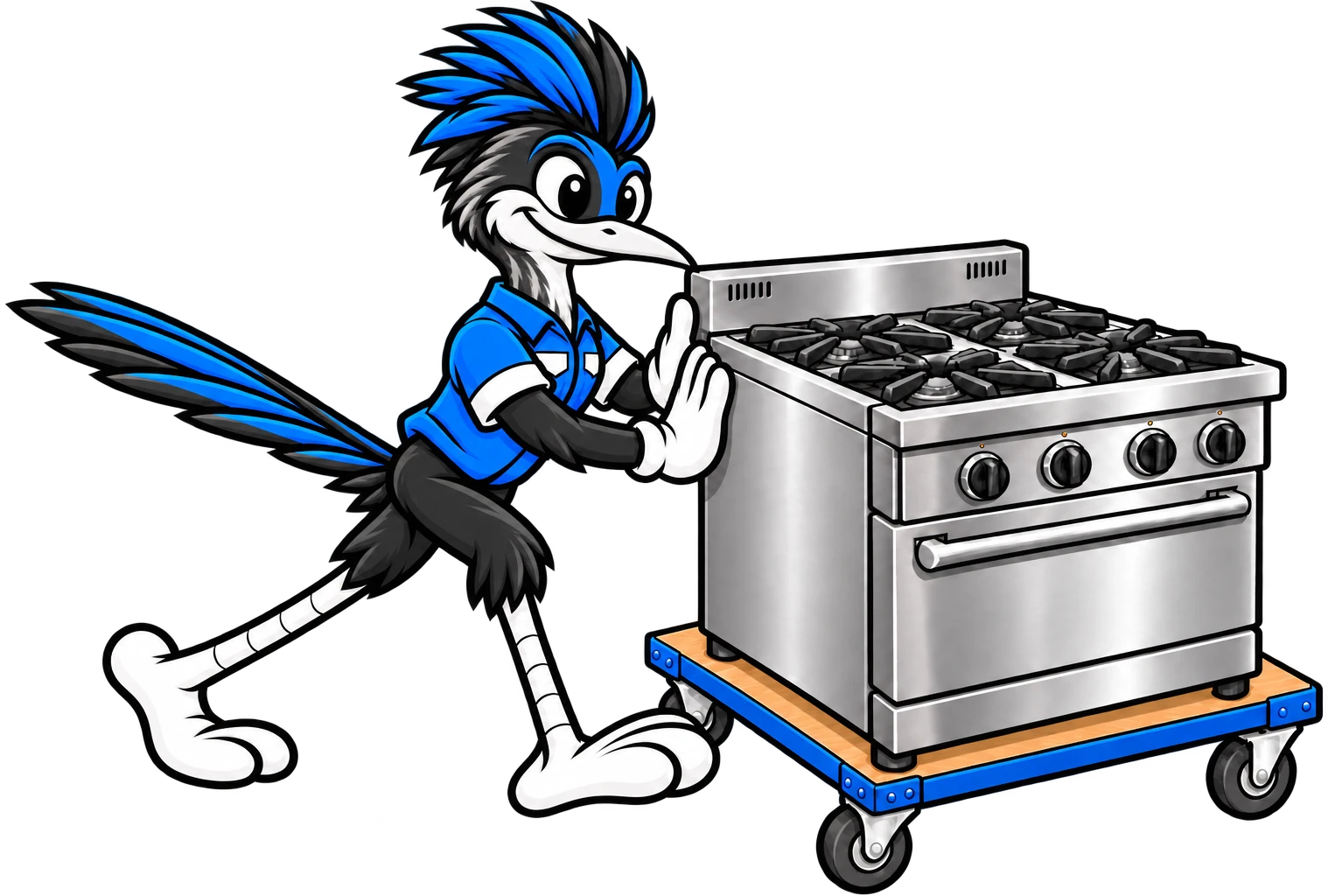 Henderson Junk Solutions roadrunner mascot pushing a commercial range oven on a rolling dolly for restaurant equipment removal in Henderson, NV