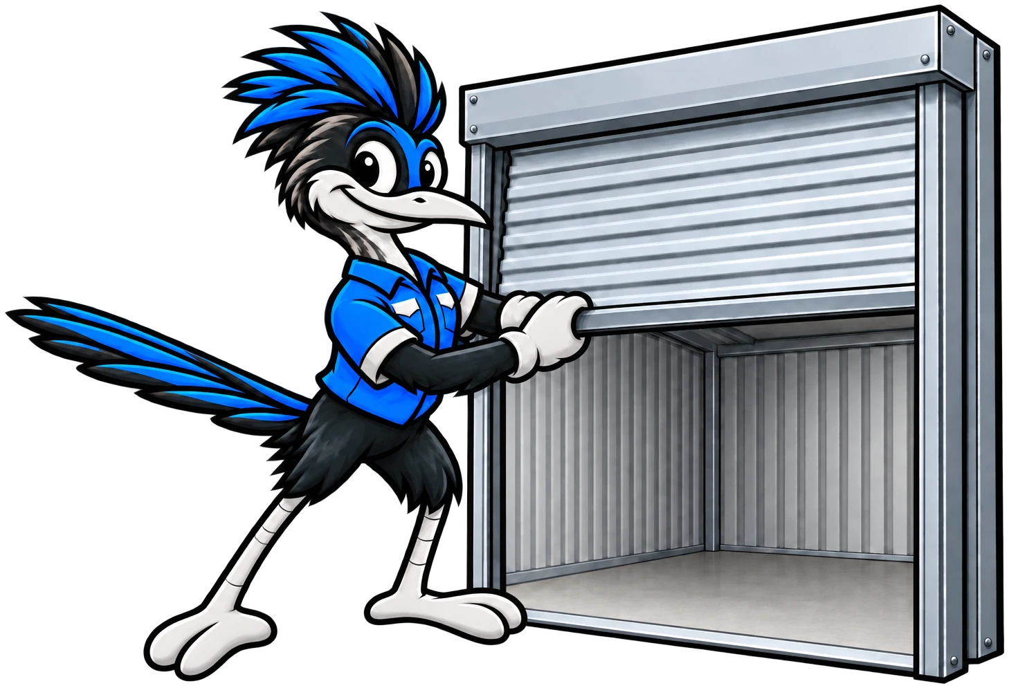 Henderson Junk Solutions roadrunner mascot rolling up a storage unit door for storage facility cleanouts in Henderson, NV
