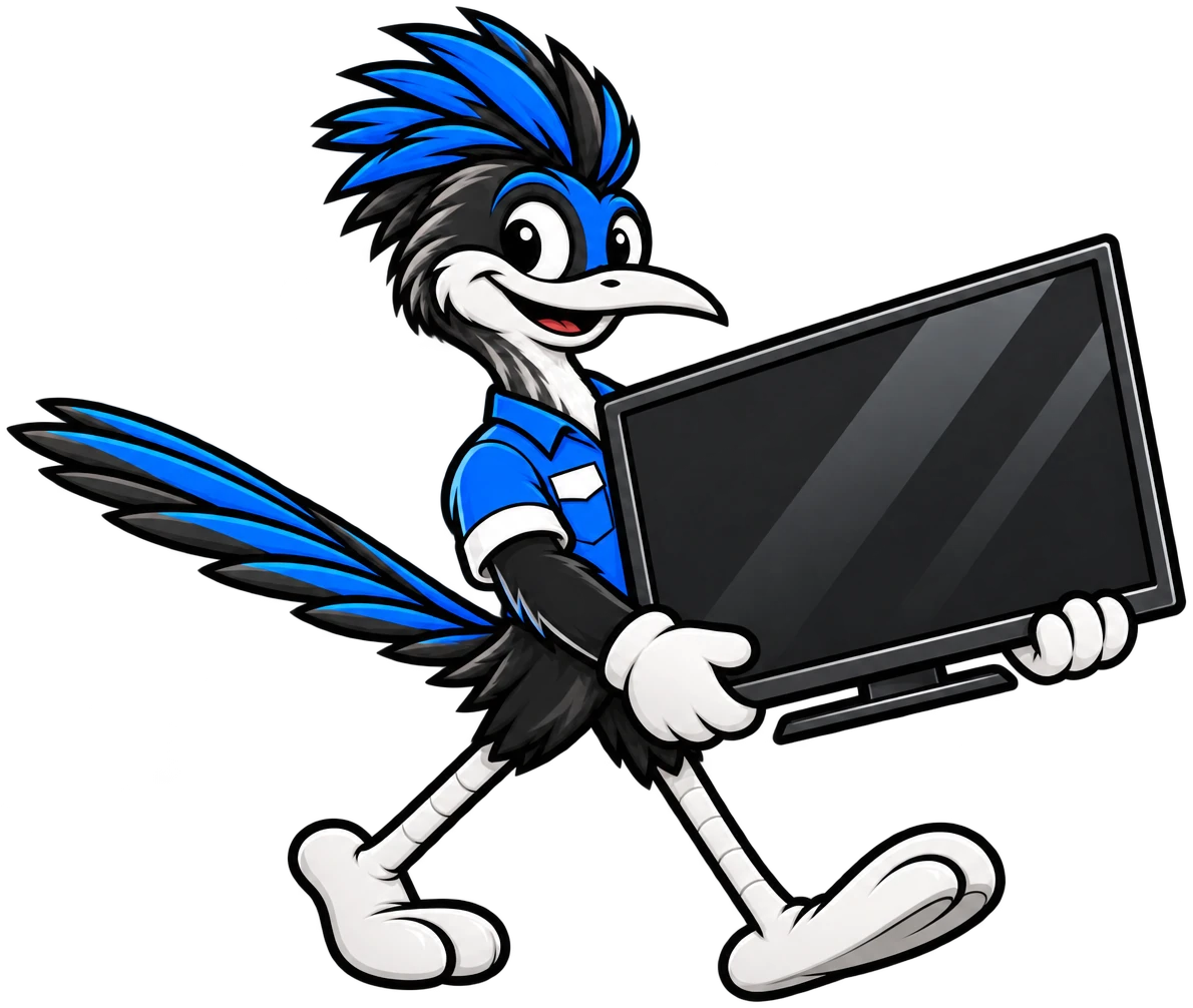 Henderson Junk Solutions roadrunner mascot carrying a flat-screen TV for e-waste and electronics removal in Henderson, NV