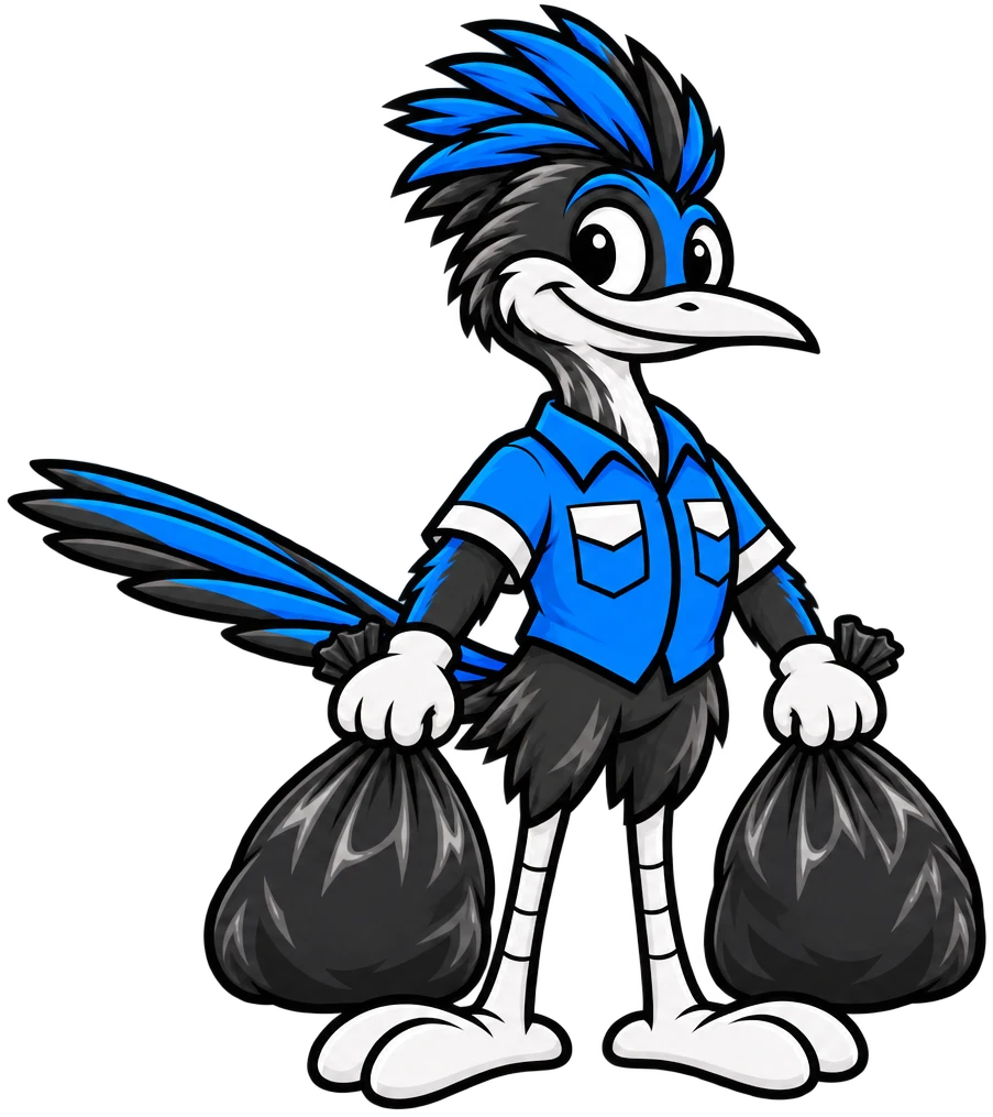 Henderson Junk Solutions roadrunner mascot carrying two full trash bags for junk removal in Spring Valley, NV