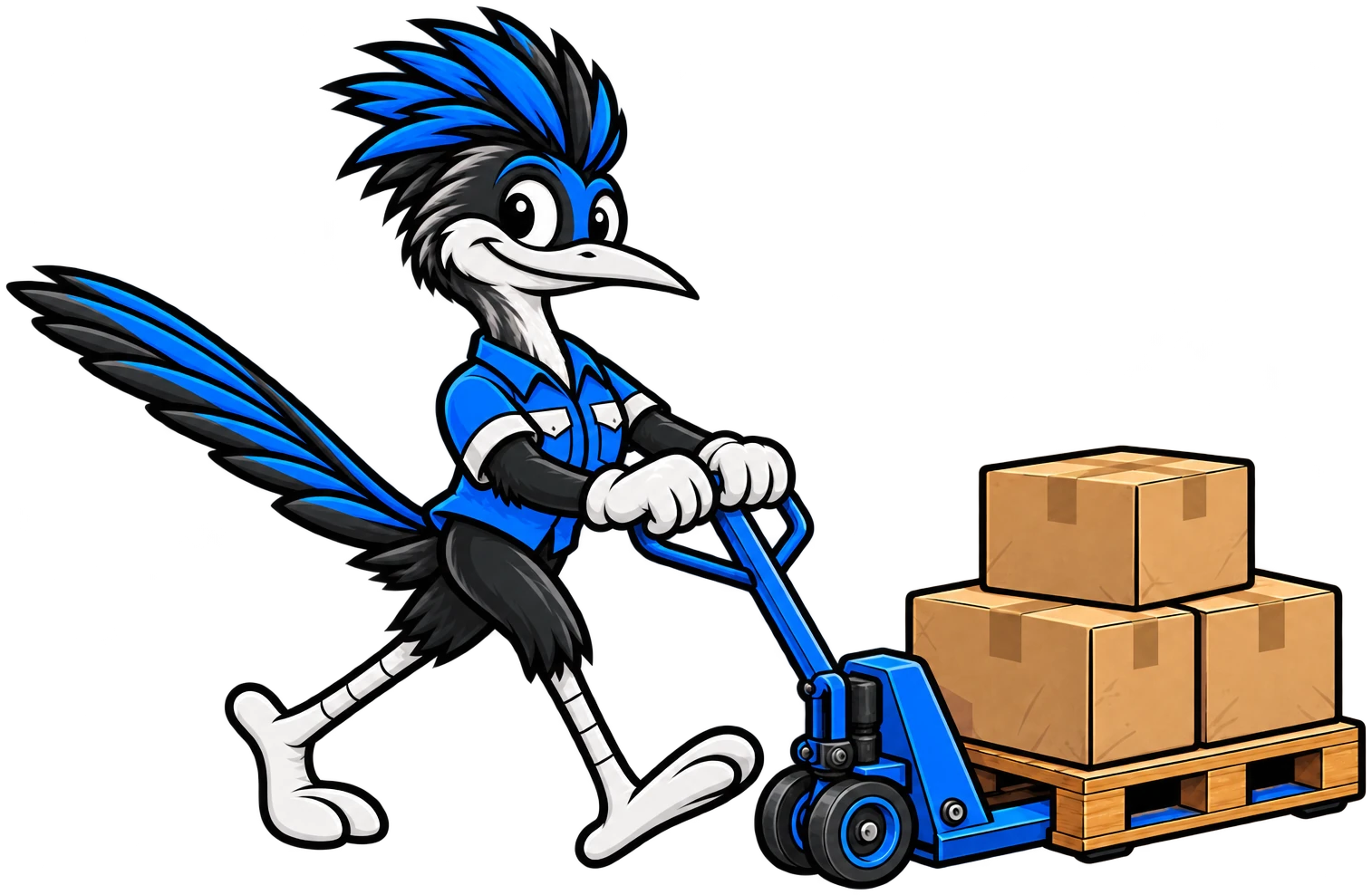 Henderson Junk Solutions roadrunner mascot moving a pallet of boxes with a pallet jack for a warehouse cleanout in Henderson, NV